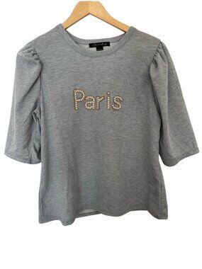 Paris Women's Sweatshirt - Size L Gray Crew Neck Pullover Short Sleeve APC
